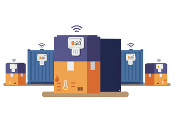 Three shipping containers display IoT temperature sensors, showcasing a modern logistics solution. A digital clock indicates temperature readings. Clean, graphic style.