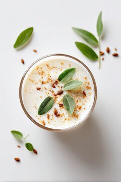 Buttermilk Drink with Roasted Cumin and Curry Leaves, Top View on White Background