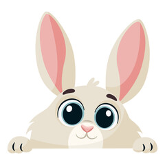 Obraz premium A cute rabbit peeks out from behind a wall. Vector illustration in a childlike style. Vector illustration