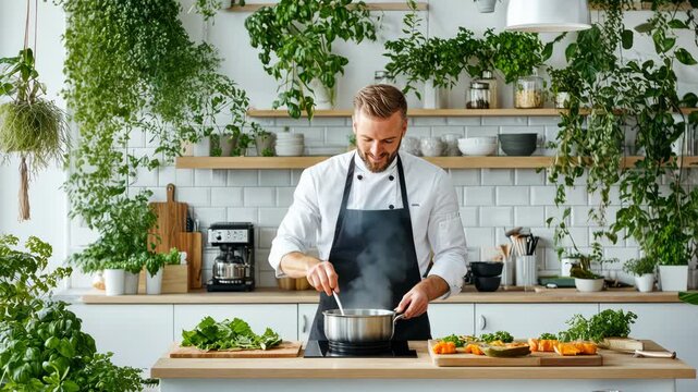 Smiling male chef in white uniform preparing food in bright kitchen decorated with green plants, wooden shelves, and fresh vegetables.
