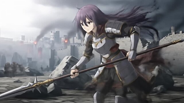 Anime warrior with spear running away from burning castle with smoke and rubble