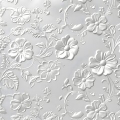 Elegant embossed floral pattern on a silver background, ideal for wallpaper or textile design