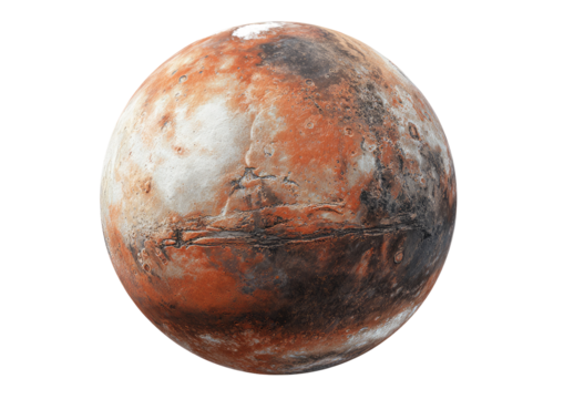 Full view of a rusty-orange planet with light and dark terrain.  Visible surface markings and textures.  Isolated on black background