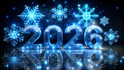 Shining 2026 New Year Celebration with Blue Snowflakes and Reflective Surface