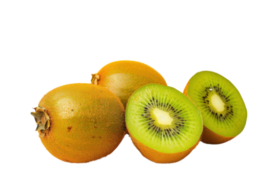 Fresh kiwis, whole and halved, floating in space