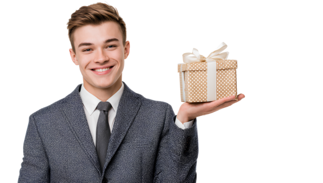  Young, handsome businessman presenting a gift, isolated on a transparent background. PNG file.