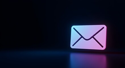 A glowing, neon-lit envelope icon illuminated against a dark, reflective background, symbolizing digital communication.