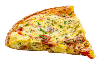 Delicious quiche slice with vegetables, herbs, and cheese filling