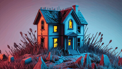 Haunted Hilltop Cottage: Spooky Abandoned House with Glowing Windows at Dusk