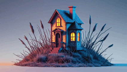 Haunted Hilltop Cottage: Spooky Abandoned House with Glowing Windows at Dusk