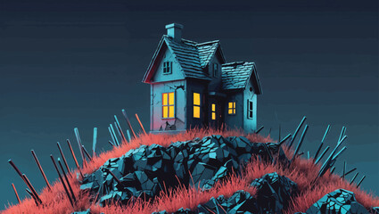 Haunted Hilltop Cottage: Spooky Abandoned House with Glowing Windows at Dusk