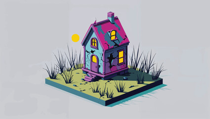 Haunted Hilltop Cottage: Spooky Abandoned House with Glowing Windows at Dusk