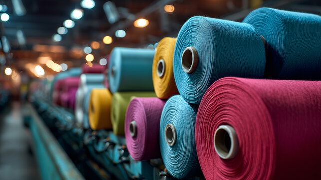 Colorful yarn rolls in textile factory