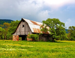 Obraz premium Rustic barn in a meadow under a dramatic sky