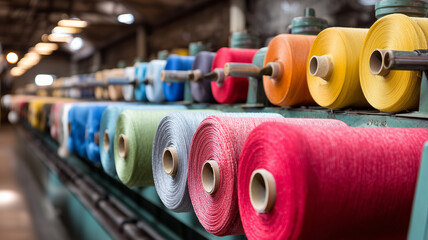 Colorful yarn spools on industrial machinery