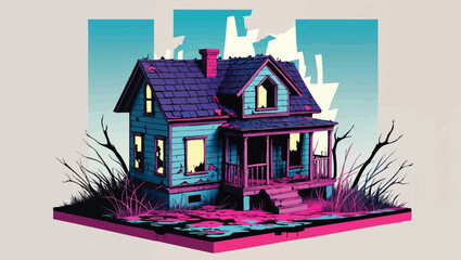 Haunted Hilltop Cottage: Spooky Abandoned House with Glowing Windows at Dusk