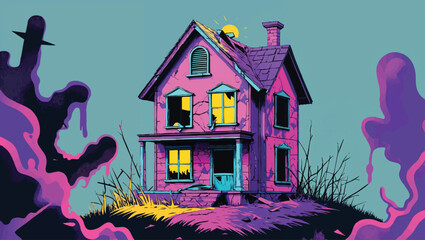 Haunted Hilltop Cottage: Spooky Abandoned House with Glowing Windows at Dusk