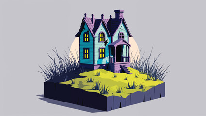 Haunted Hilltop Cottage: Spooky Abandoned House with Glowing Windows at Dusk