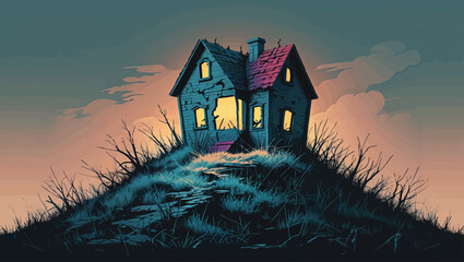 Haunted Hilltop Cottage: Spooky Abandoned House with Glowing Windows at Dusk