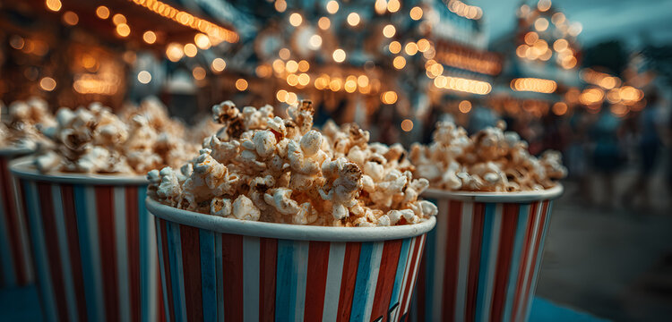 Close-up of popcorn in striped cups at a vibrant carnival. Bright lights and festive atmosphere create a cheerful mood. Ideal for themes of celebration, amusement parks, and summer fun.