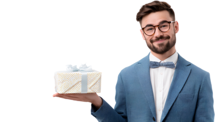 Young, handsome businessman presenting a gift, isolated on a transparent background. PNG file.