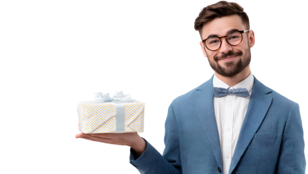 Young, handsome businessman presenting a gift, isolated on a transparent background. PNG file.