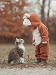 Child in animal costume and fluffy cat outdoors, autumn, cute and playful moment
