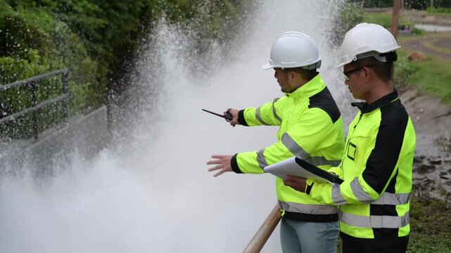 Engineer working at hydroelectric dam inspecting water release, checking gates, analyzing daily flow, monitoring water quality, ensuring maintenance, safety, sustainable energy, and environmental mana