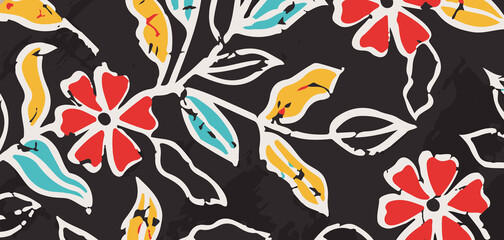 Abstract Seamless Floral Pattern with artistic brush strokes in gold, black, and gray tones, perfect for fabric, wallpaper, and decor.