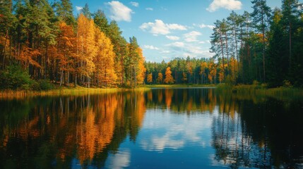 Autumn forest lake. Autumn lake in autumn forest. The autumn foliage of the trees is reflected in the lake water
