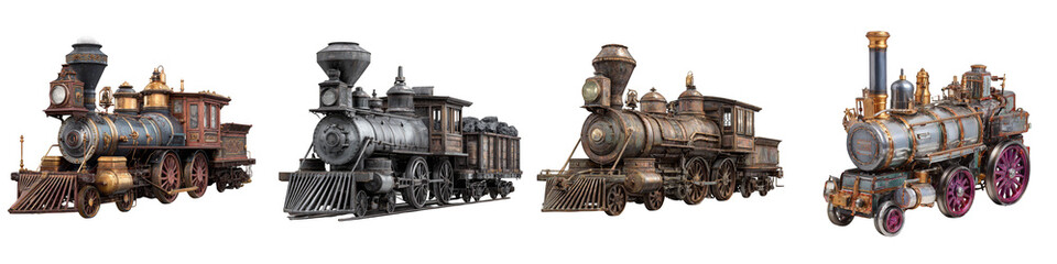 Naklejka premium Vintage steam locomotives showcasing intricate details on transparent background