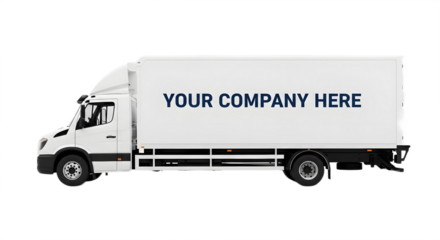 Side view of a white delivery truck with your company here text