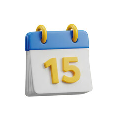 3d icon of a 3d render of a calendar showing the 15th day, isolated on transparent background