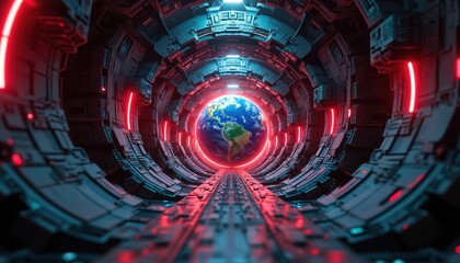 Futuristic global technology transformation shows Earth digital art in virtual environment. Close-up view of innovation insights, scientific progress, dynamic cyber interface, integrated AI systems