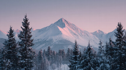Scenic snowy mountain range under pink sunrise, tranquil winter landscape, pine tree forest
