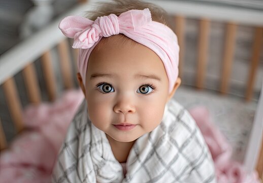 Cute baby girl in a crib, wearing a pink headband and a white blanket, looking at the camera