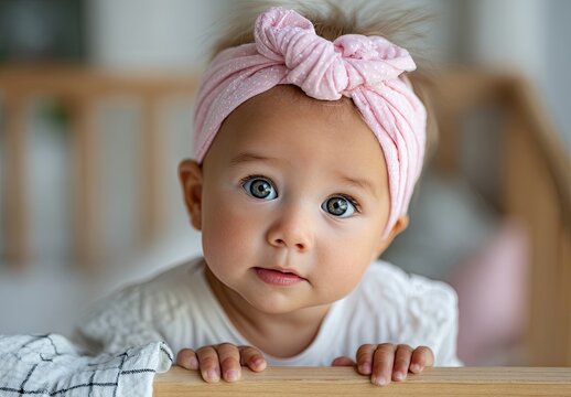 Cute baby girl in a crib, wearing a pink headband and a white blanket, looking at the camera