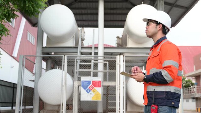 Industrial engineer working at cryogenic helium storage tank and distribution pipeline system in a modern factory, showcasing engineering, safety, technology, and industrial equipment.