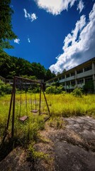 Abandoned School Playground with Rusty Swing