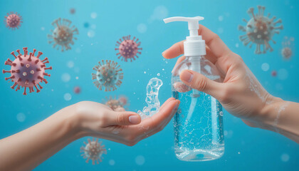 person’s hands pressing a pump bottle to dispense liquid soap, with digitally illustrated virus particles floating around