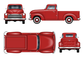 Retro car vector mockup on white background. Isolated red pickup truck view from side, front, back, top. All elements in the groups on separate layers for easy editing and recolor. © Yuri Schmidt