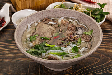 Vietnamese Pho Bo soup with beef and noodles