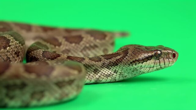 Brown patterned snake on a vibrant green screen background, perfect for compositing and visual effects.