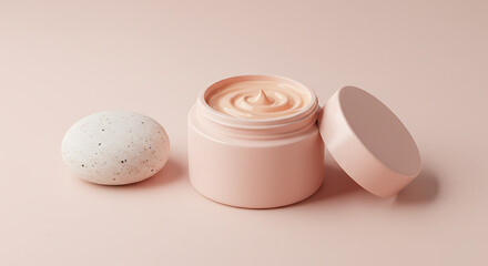 Pink skincare jar with cream and exfoliating puff on a pale pink background.