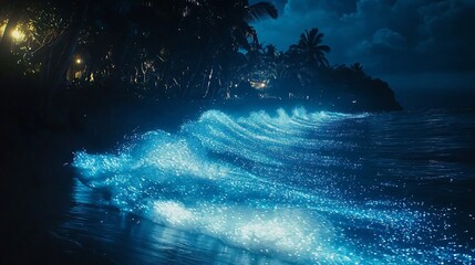 Extraordinary phenomenon of bioluminescent waves crashing on a dark beach glowing with a mesmerizing blue light as the ocean churns