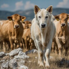 Fototapeta premium White Dog Guarding Cattle in Pasture