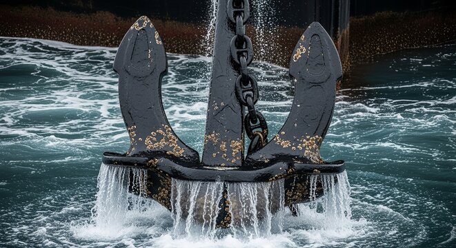 A massive, heavily encrusted ship anchor, covered in barnacles and rust, is actively being hoisted from the churning ocean water.