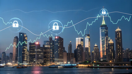 Fintech Cyber Defense Modern city skyline with digital security and financial data overlay at dusk.