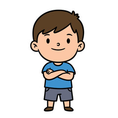 Obraz premium Cute cartoon boy with brown hair and a blue shirt smiling confidently with arms crossed.