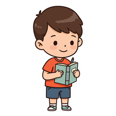 Cute cartoon boy with brown hair and a happy smile standing while writing in a green notebook.